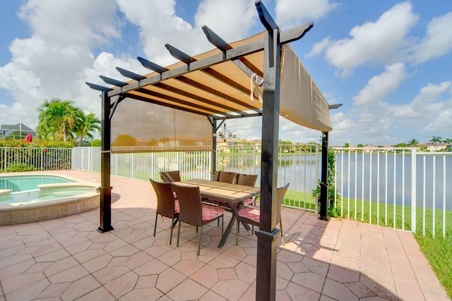 view of patio / terrace with a water view, a pool with hot tub, and a pergola