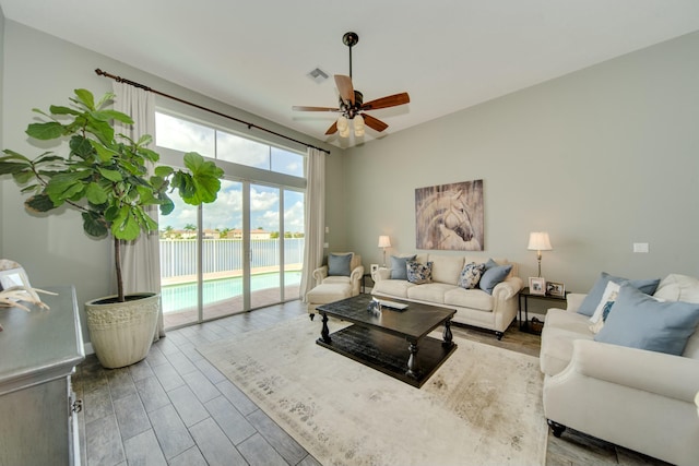 living room with ceiling fan