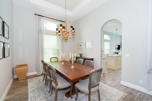 dining space with a tray ceiling and a chandelier