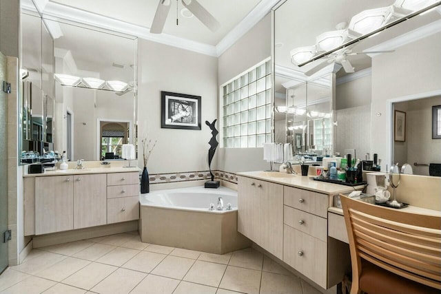 bathroom featuring ceiling fan, vanity, crown molding, and tile patterned flooring