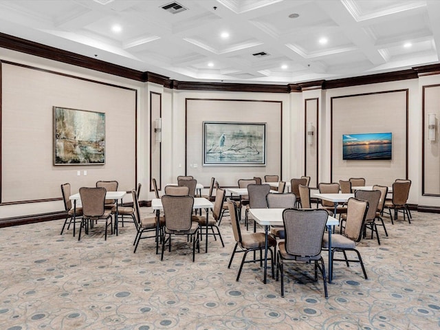 dining room featuring beam ceiling, coffered ceiling, and ornamental molding