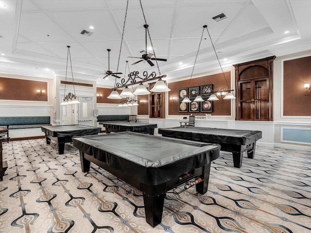 game room with light carpet, ceiling fan, crown molding, and pool table