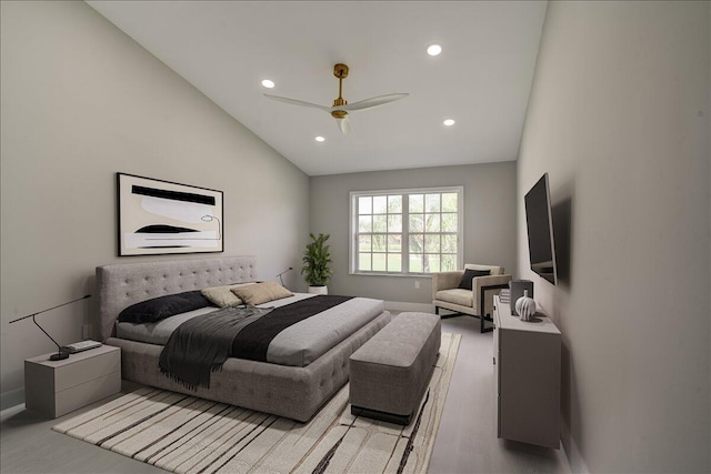 bedroom featuring ceiling fan and vaulted ceiling