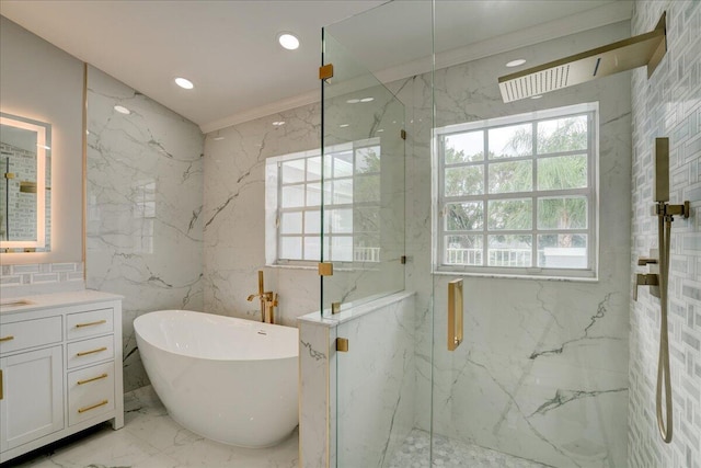 bathroom with vanity, shower with separate bathtub, and crown molding