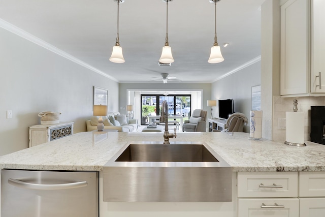 kitchen with dishwasher, crown molding, light stone countertops, ceiling fan, and pendant lighting