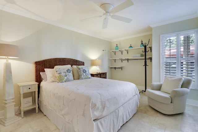 bedroom with ceiling fan and crown molding