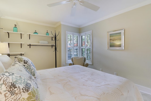 bedroom with ceiling fan and crown molding