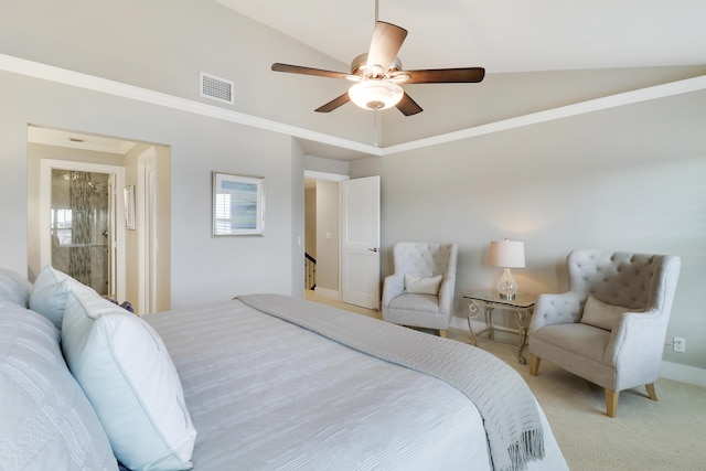 carpeted bedroom with lofted ceiling, ceiling fan, and ornamental molding