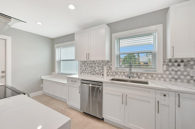 kitchen featuring light stone countertops, white cabinetry, dishwasher, and sink