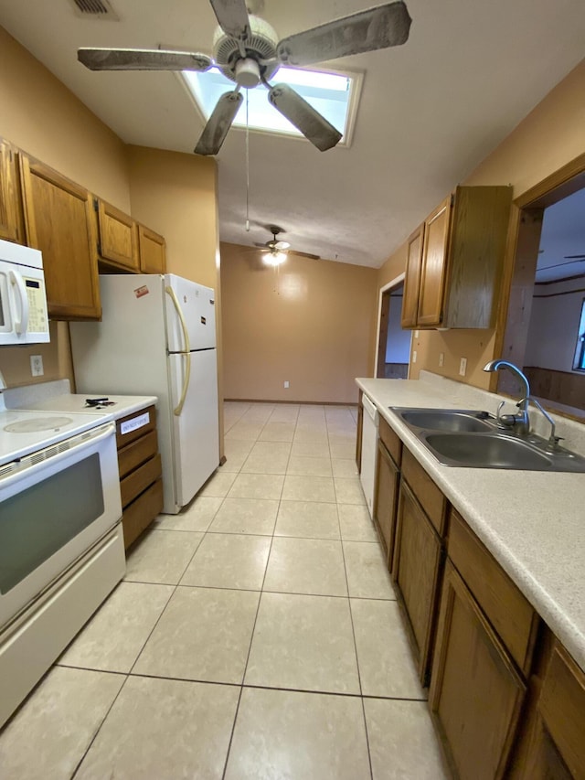 kitchen with sink, white appliances, light tile patterned flooring, and ceiling fan