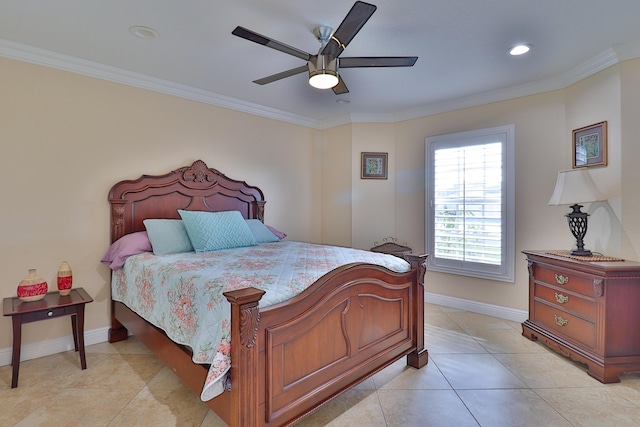 bedroom with light tile patterned flooring, ceiling fan, and crown molding