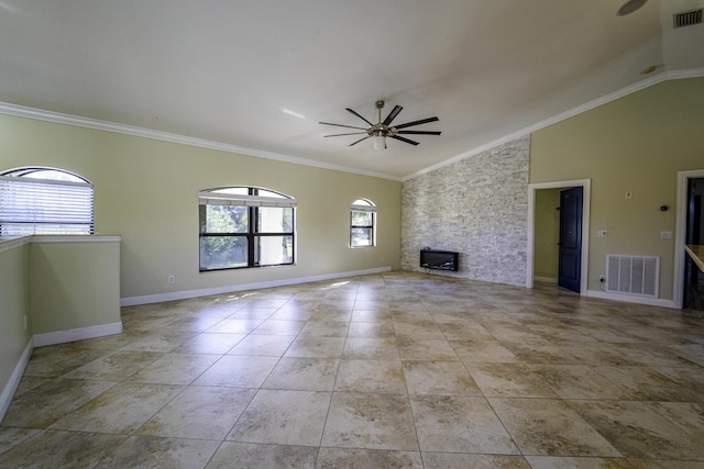 unfurnished living room featuring a fireplace, ceiling fan, vaulted ceiling, and crown molding