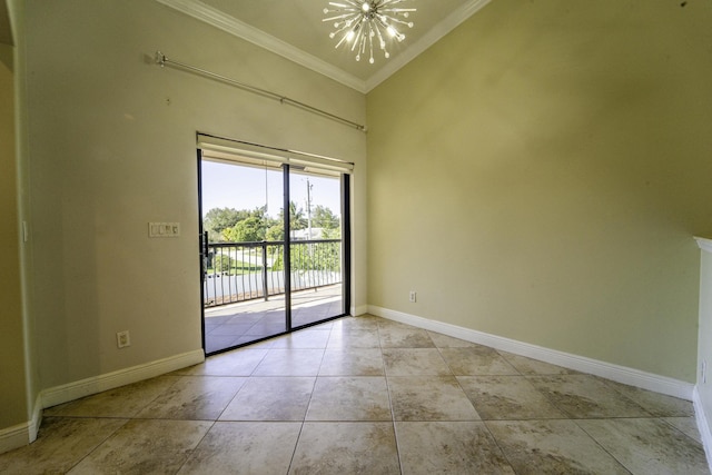 tiled spare room with ornamental molding, high vaulted ceiling, and a chandelier