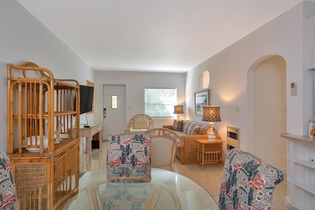 carpeted living room featuring heating unit