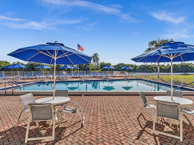 view of pool featuring a patio area and a mountain view