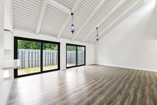 unfurnished living room with beam ceiling, wood-type flooring, wood ceiling, and high vaulted ceiling