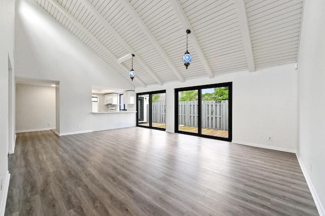 unfurnished living room featuring wood-type flooring, wood ceiling, beamed ceiling, and a high ceiling