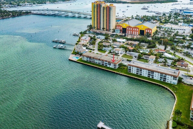 bird's eye view with a water view