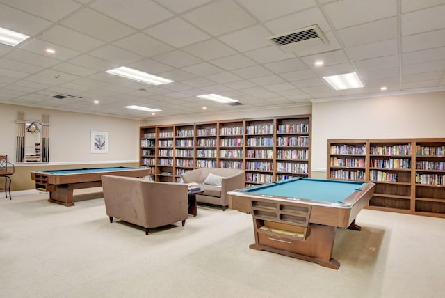 recreation room featuring a paneled ceiling, light carpet, and billiards