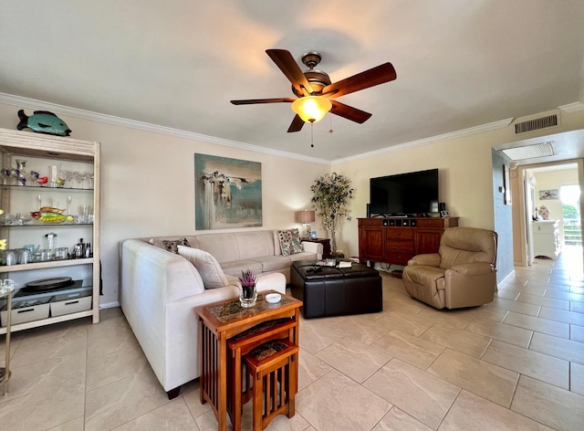 tiled living room with ceiling fan and ornamental molding