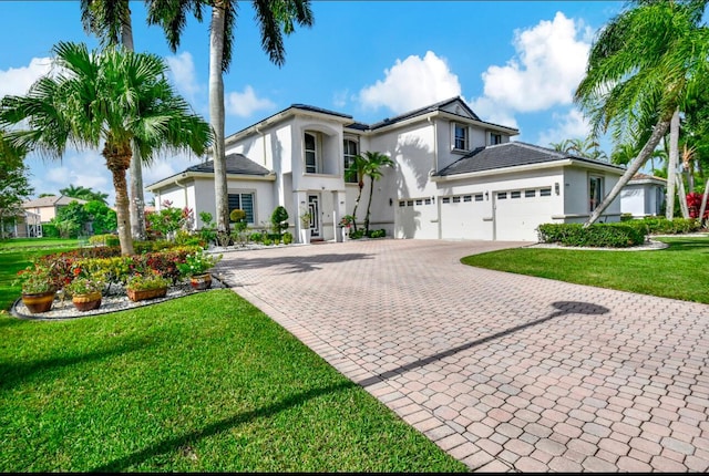 view of front of property with a front lawn and a garage