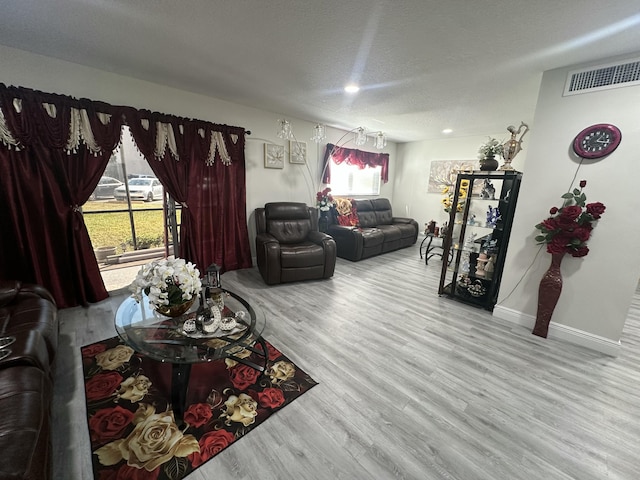 living room featuring a textured ceiling and hardwood / wood-style floors