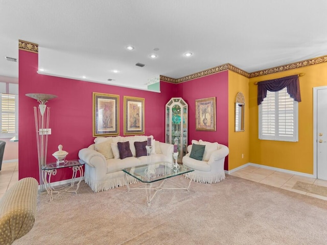 living room featuring light carpet