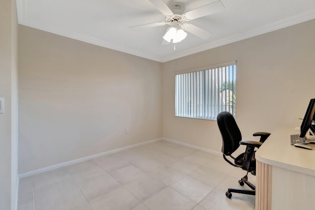 unfurnished office featuring ornamental molding, ceiling fan, and light tile patterned flooring