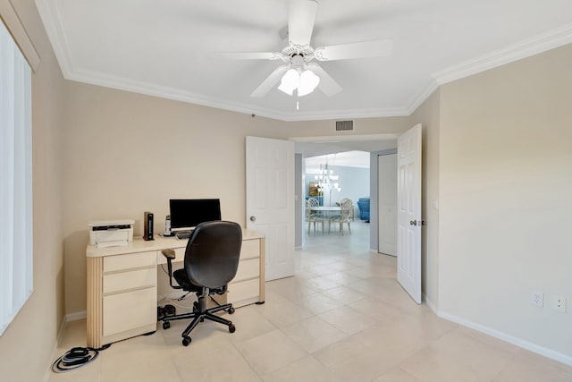 home office featuring ornamental molding and ceiling fan with notable chandelier