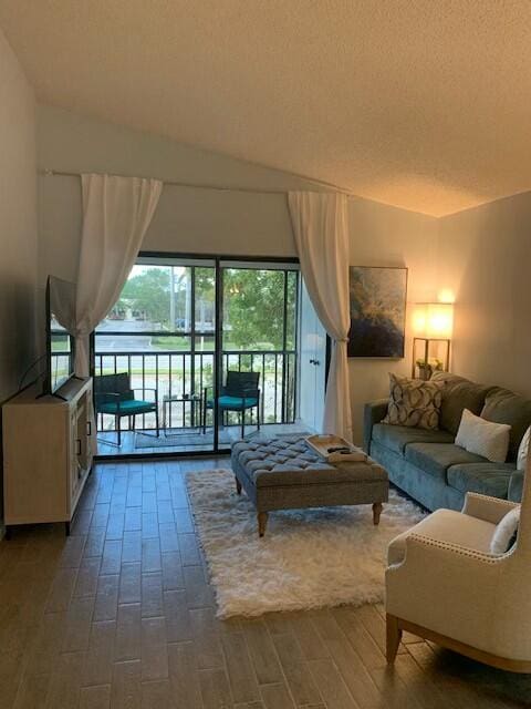 living room with vaulted ceiling and a healthy amount of sunlight