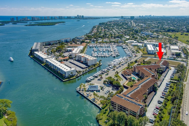 aerial view featuring a water view