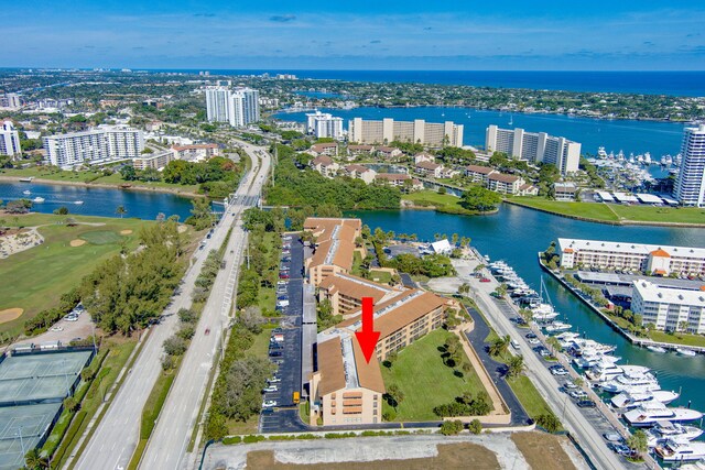 bird's eye view with a water view