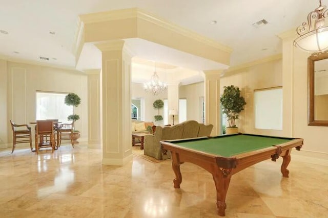 rec room with ornate columns, a chandelier, crown molding, and pool table