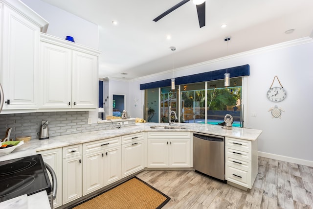 kitchen featuring sink, electric stove, hanging light fixtures, ceiling fan, and stainless steel dishwasher