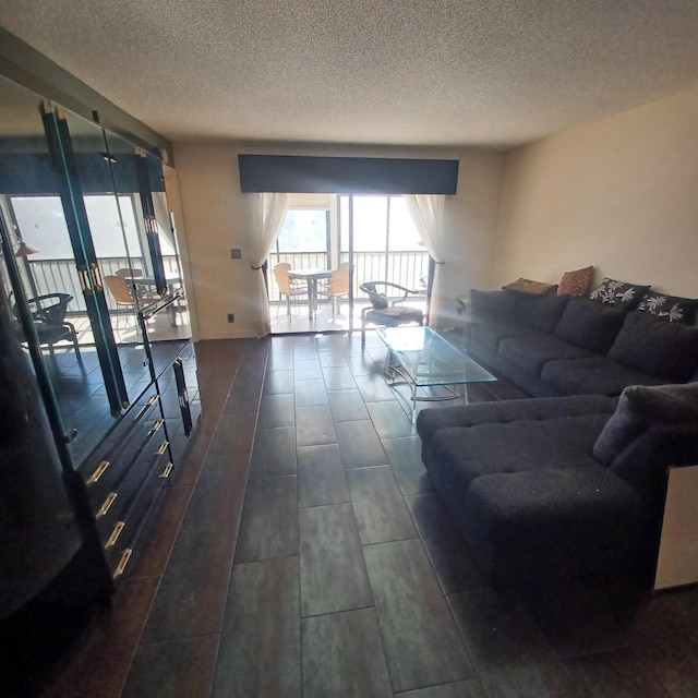 living room featuring a textured ceiling