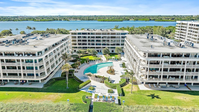 drone / aerial view with a water view