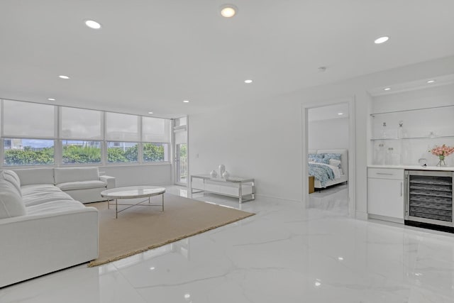 living room with bar area and beverage cooler