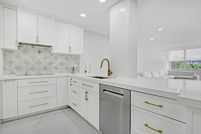 kitchen with black electric stovetop, backsplash, dishwasher, white cabinets, and sink