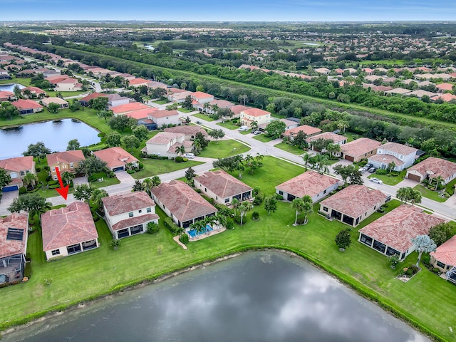 bird's eye view with a water view