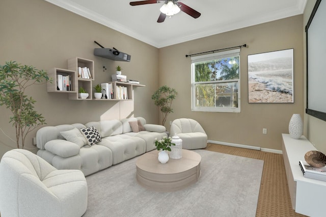 living room with crown molding and ceiling fan