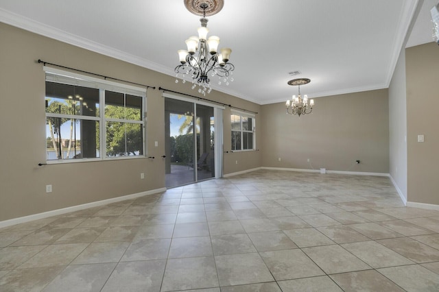 tiled spare room with ornamental molding and a chandelier