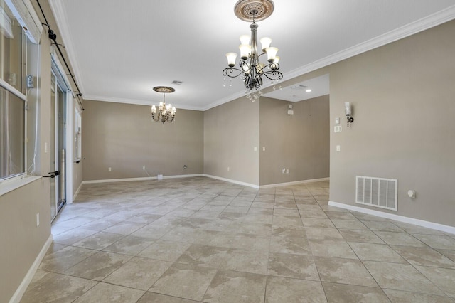 unfurnished room featuring crown molding and a notable chandelier