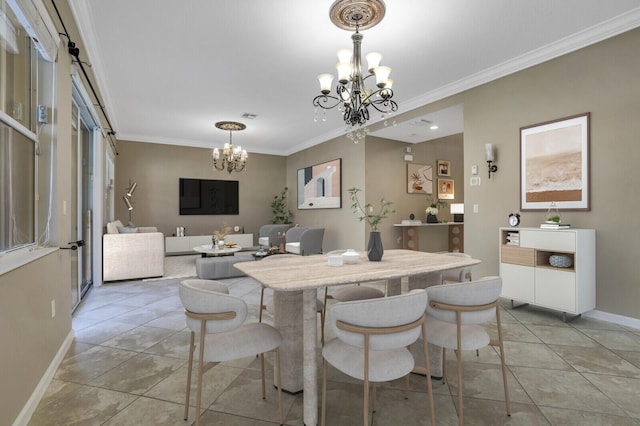 dining room with ornamental molding, light tile patterned floors, and an inviting chandelier