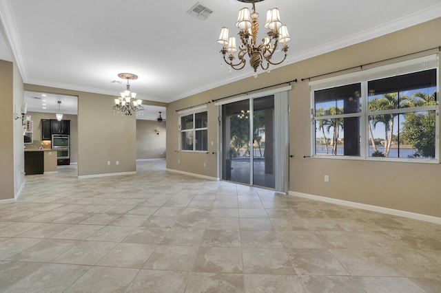 tiled empty room with ornamental molding and an inviting chandelier