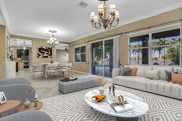 living room featuring ornamental molding, light tile patterned floors, and a notable chandelier