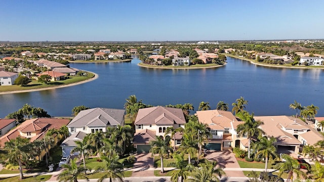 aerial view featuring a water view