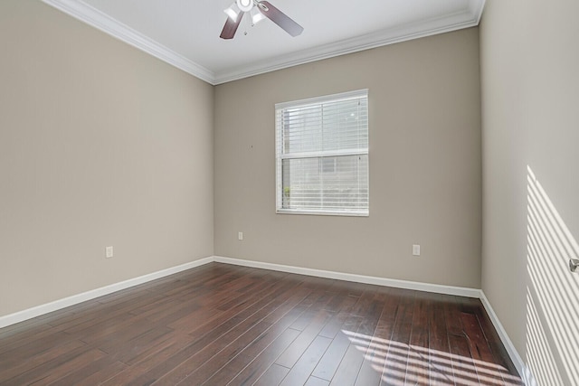 unfurnished room with ornamental molding, dark hardwood / wood-style floors, and ceiling fan