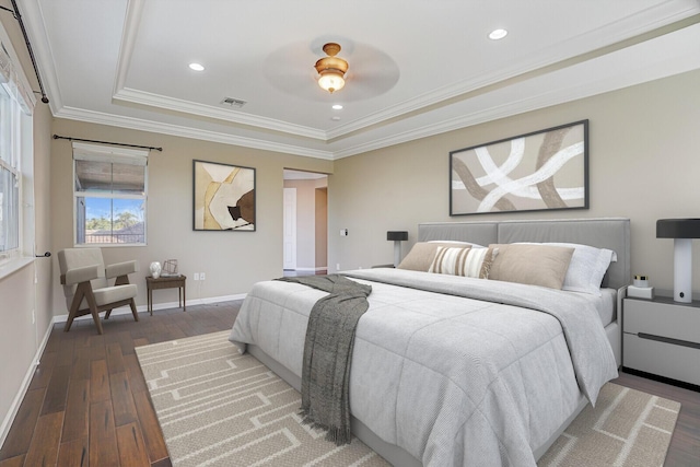 bedroom featuring ceiling fan, ornamental molding, and hardwood / wood-style floors