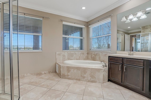 bathroom featuring crown molding, tile patterned floors, plus walk in shower, and vanity