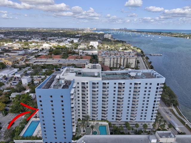 drone / aerial view featuring a water view